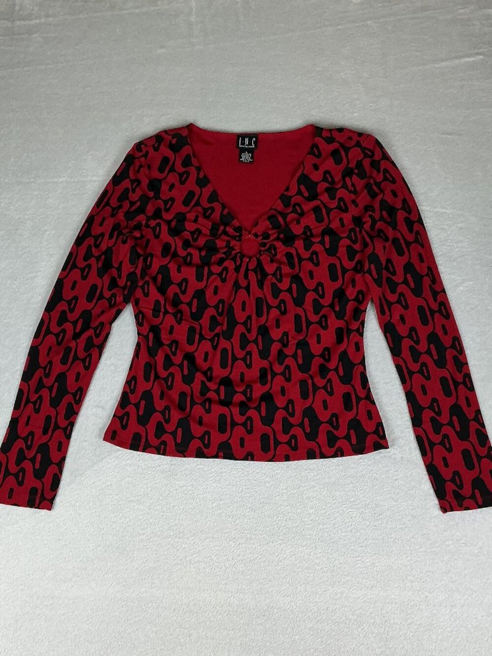 International Concepts Women's Red/Black Blouse Long Sleeve Top O-Ring Size L.